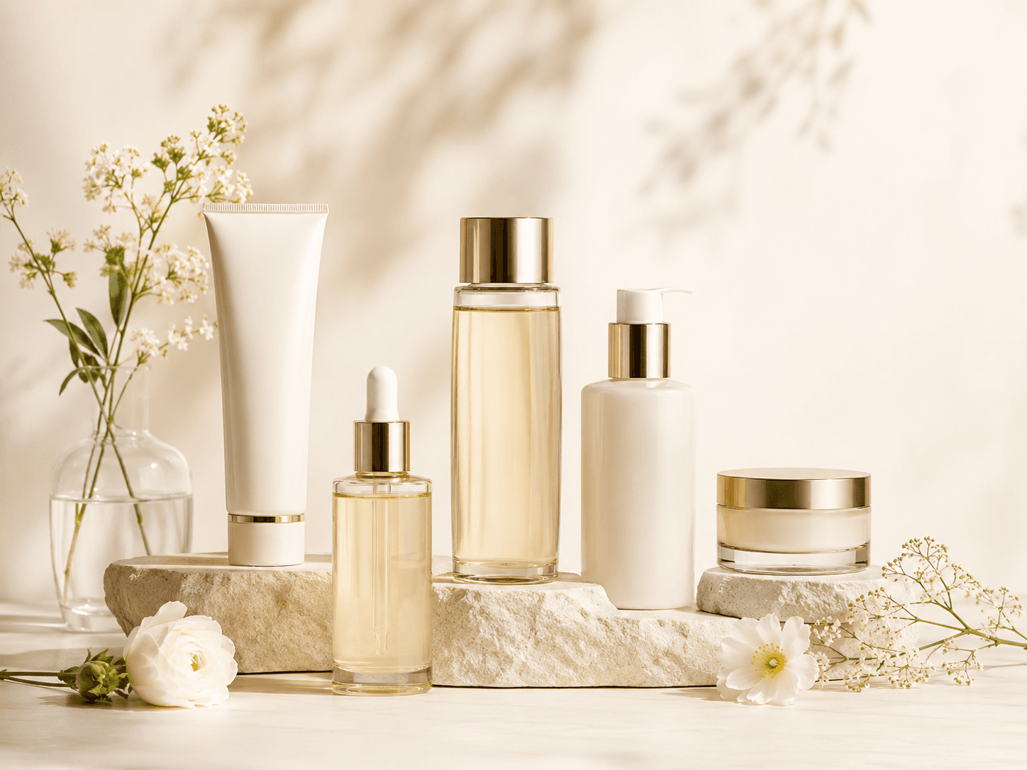 AI beauty technology with skincare and radiant beauty model