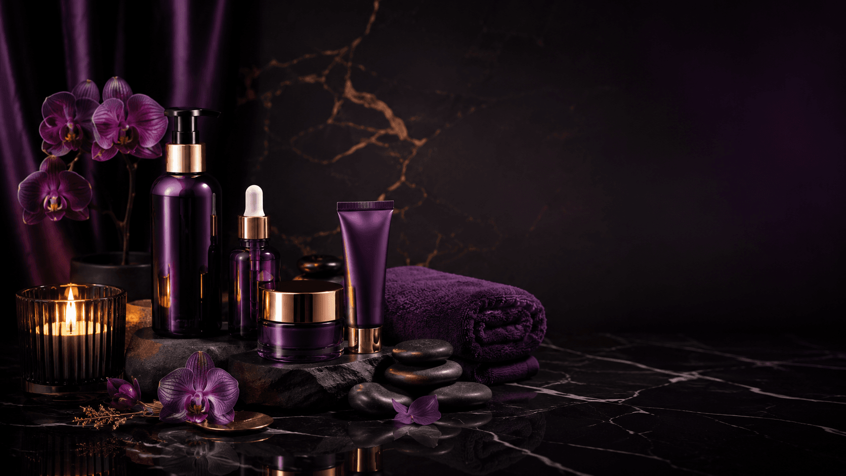 Elegant spa setting with purple skincare accents